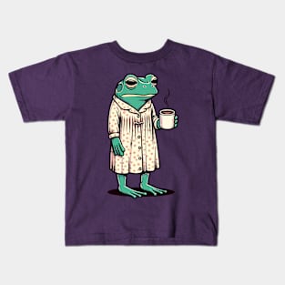 Sleepy tired frog with coffee Kids T-Shirt